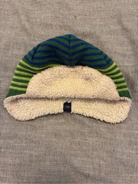 REI Kids Striped Green & Blue Sherpa-Lined Winter Hat